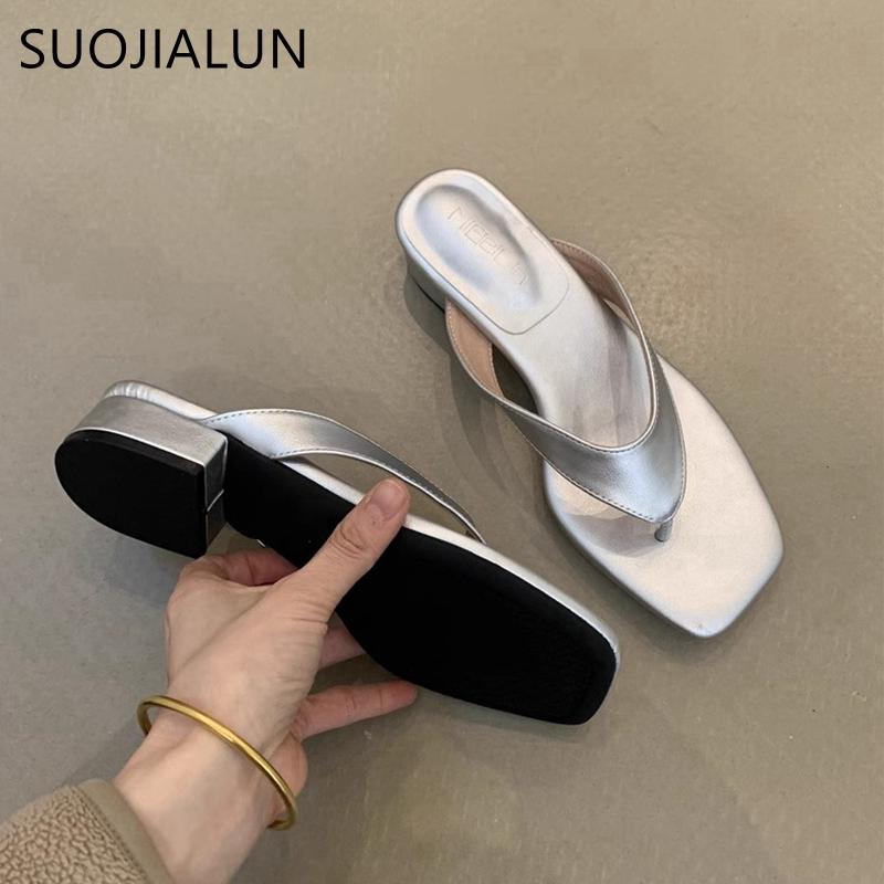 Fashion SUOJIALUN 2025 Summer New Brand Women Slipper Fashion Square Low Heel Ladies Casual Sandal Shoes Outdoor Dress Slip On Flip Flop