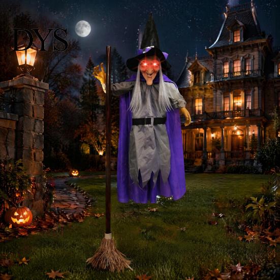 Spooky Halloween Gift for Adults 180cm Props, Flying Witch Decoration with Scary Sounds & Lights, Luminous Broom Garden Yard Lawn, Haunted House