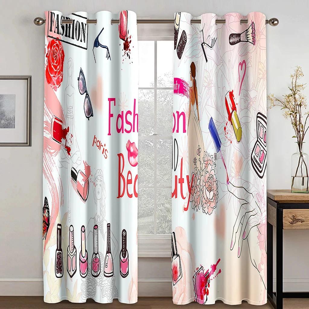 2 stk Gardiner For Skjønnhetssalonger Enkle Røde Lepper Sminkekost Maljer Topp Stoffgardiner Dekor For Stue Kontor Hjemmedeko