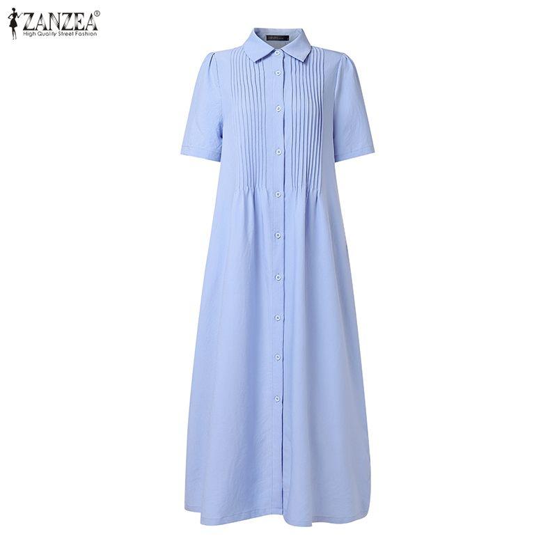 ZANZEA Vestido largo casual para mujer con cuello vuelto y manga corta