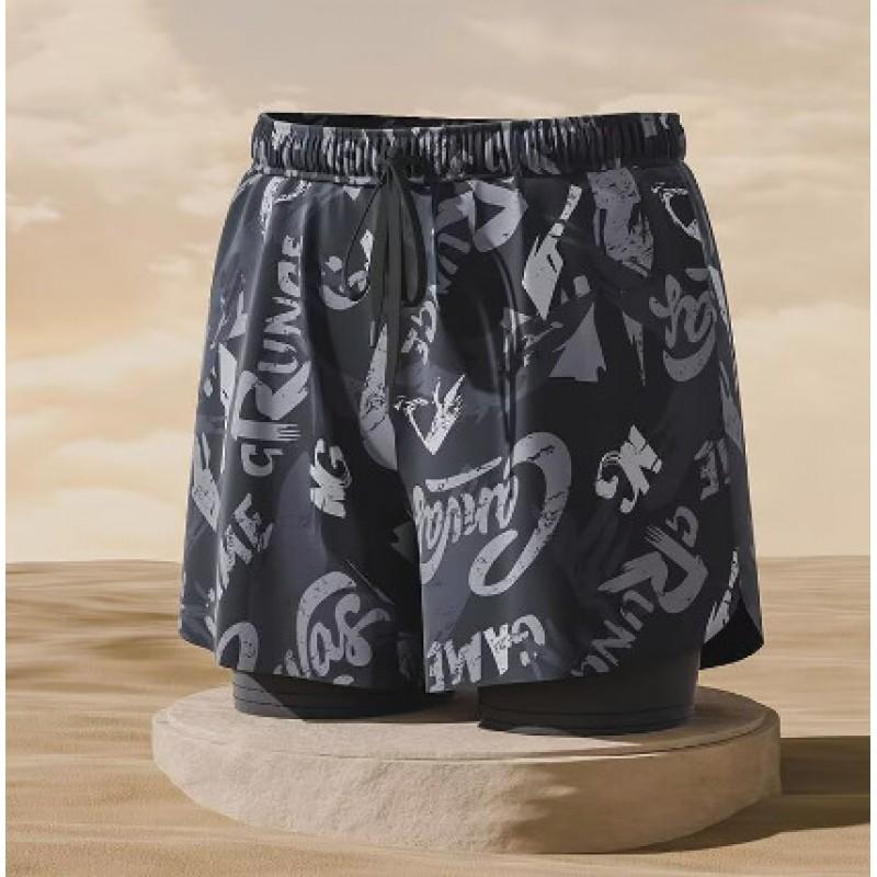 Mens Double-Layered Board Shorts Swim Trunks Quick-Dry Anti-Chafe Flat Front Beach Pool Surfing