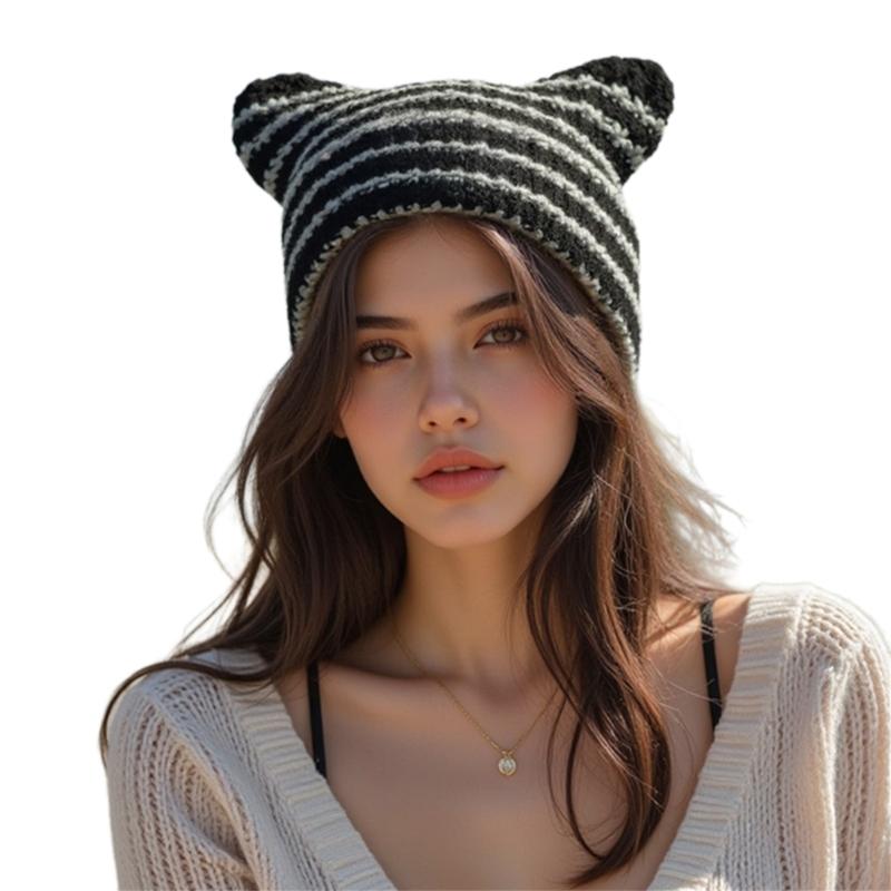 

Lovely Knitted Devil Horn Hat Comfortable Unisex Fashion Hat Streetwear Hat for Kids and Adults білий/чорний