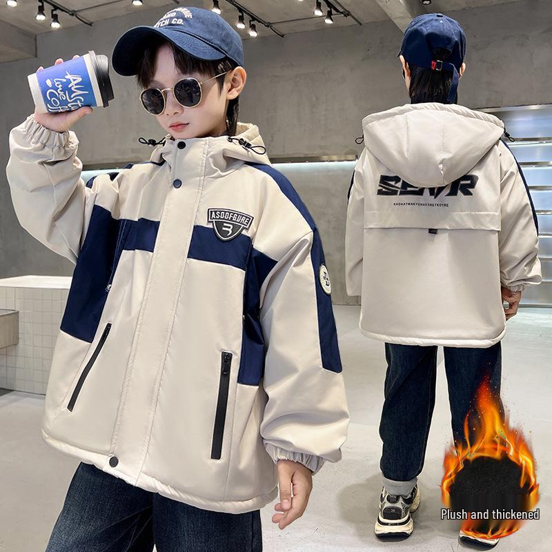 Boy's Plus Velvet Parka - New 2025 Autumn/Winter Cotton Jacket, Medium/Large Sizes, Thickened Windbreaker