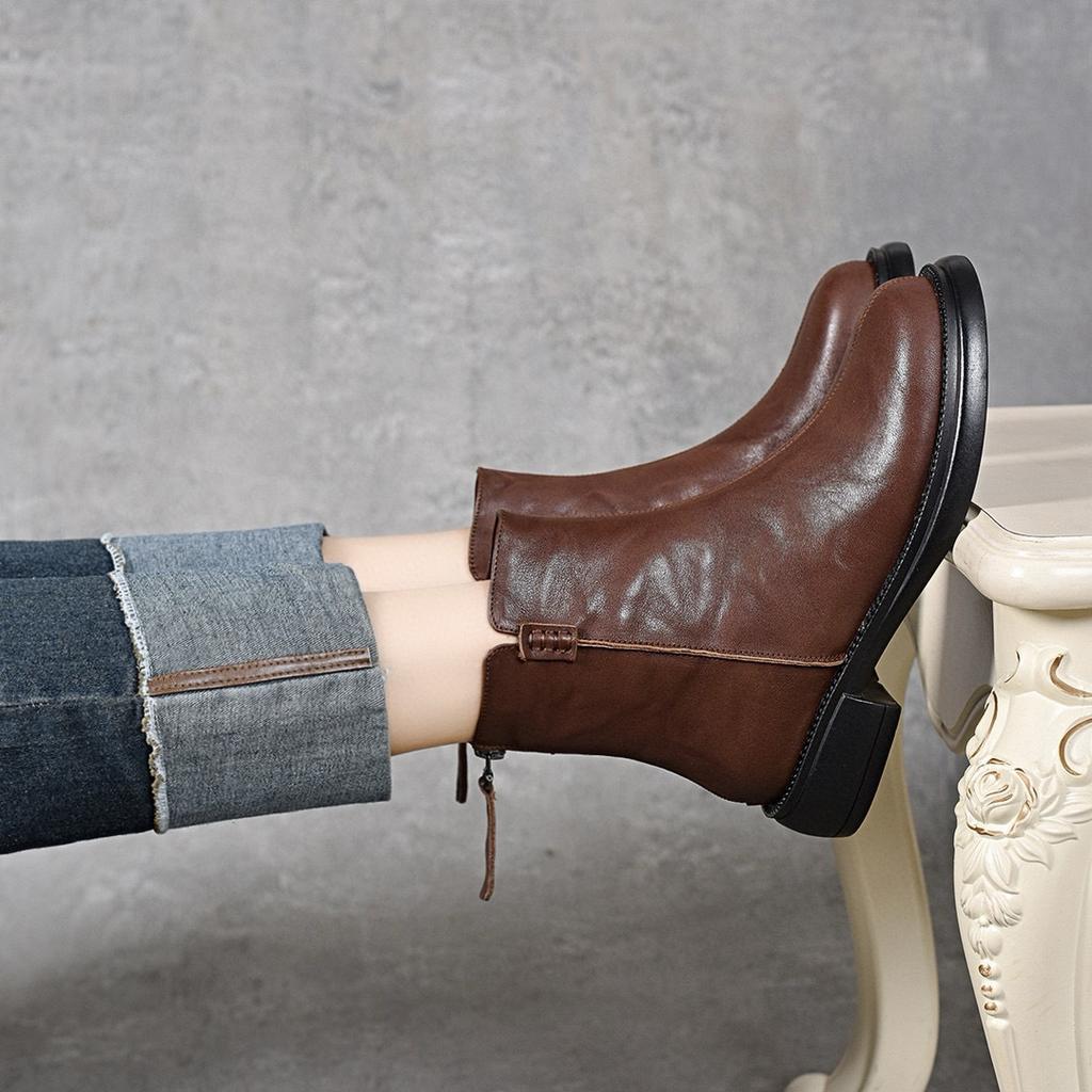 Martin boots women's autumn and winter new round head flat bottom short boots simple casual rear zipper leather boots cotton boots