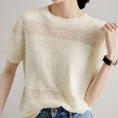 Blusa de algodão oco pulôver blusa de malha verão camisa sólida casual malha topos moda feminina camisa inferior manga curta o-pescoço camisetas 27585