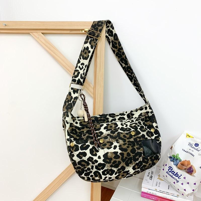 Niche Leopard Print Canvas Tote Bag Women's Bag Casual Large Capacity Fashion Handbag Korean Version Casual Shoulder Messenger Bag