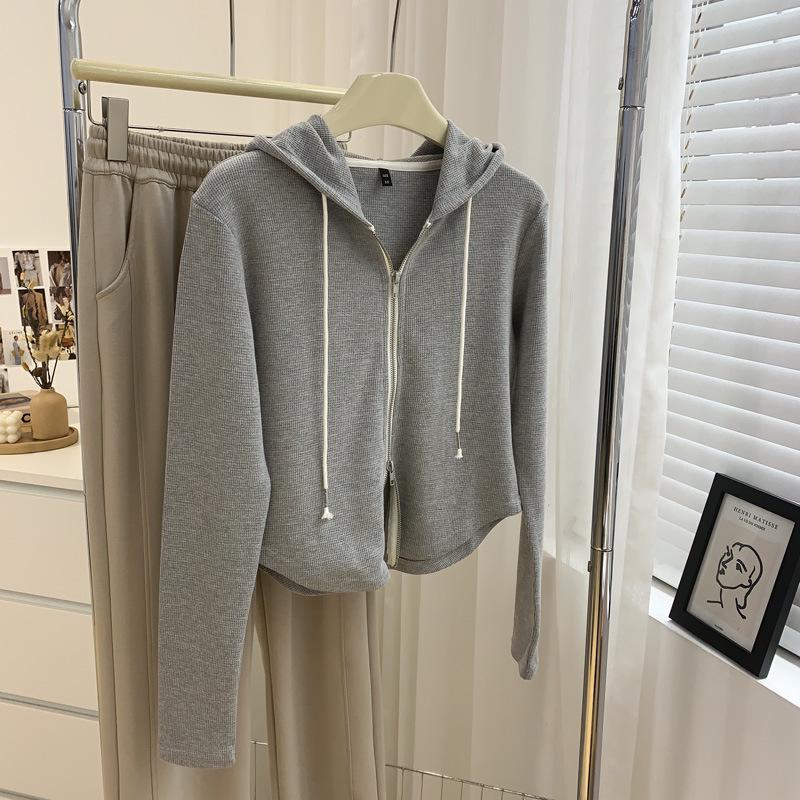 

Women s Slimming Curved Hem Double Zipper Hoodie - Versatile Waffle Sweatshirt Jacket for Spring 2XL (120-140 catties) серый