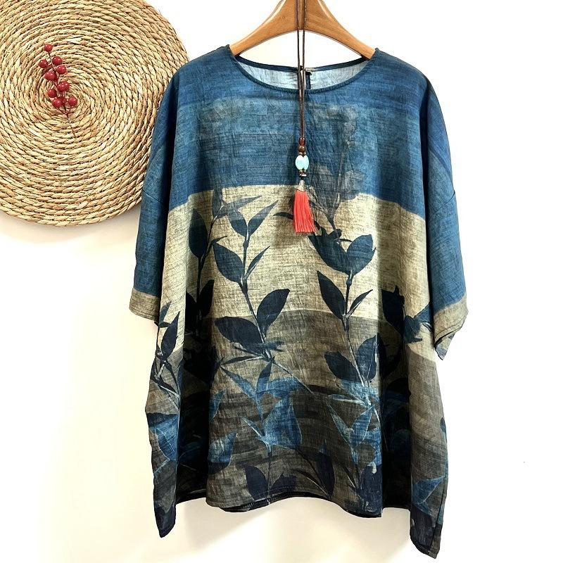Letnia bawełniana lniana bluzka w stylu etnicznym z luźnym dużym rozmiarem, z okrągłym dekoltem, damska koszulka z krótkim rękawem