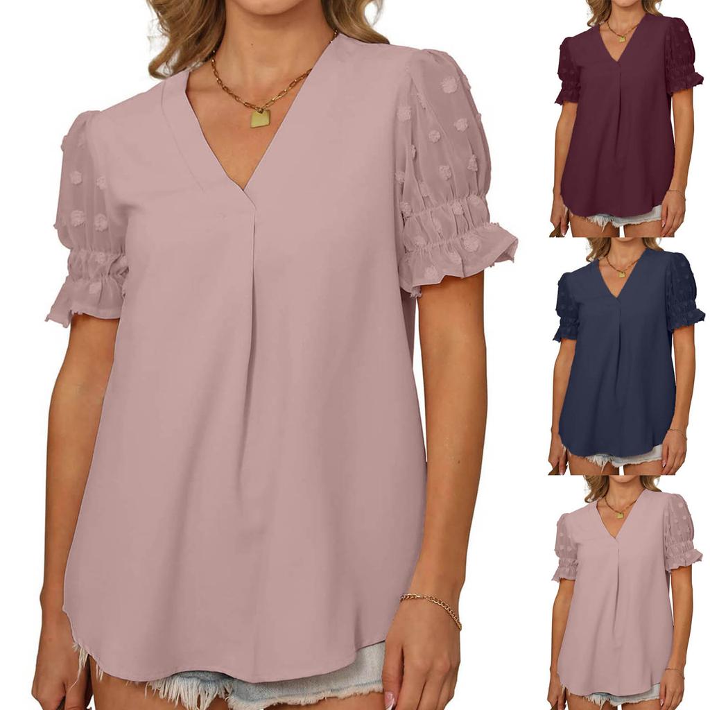Solid Color Double Sleeve V-neck Loose Short Sleeve