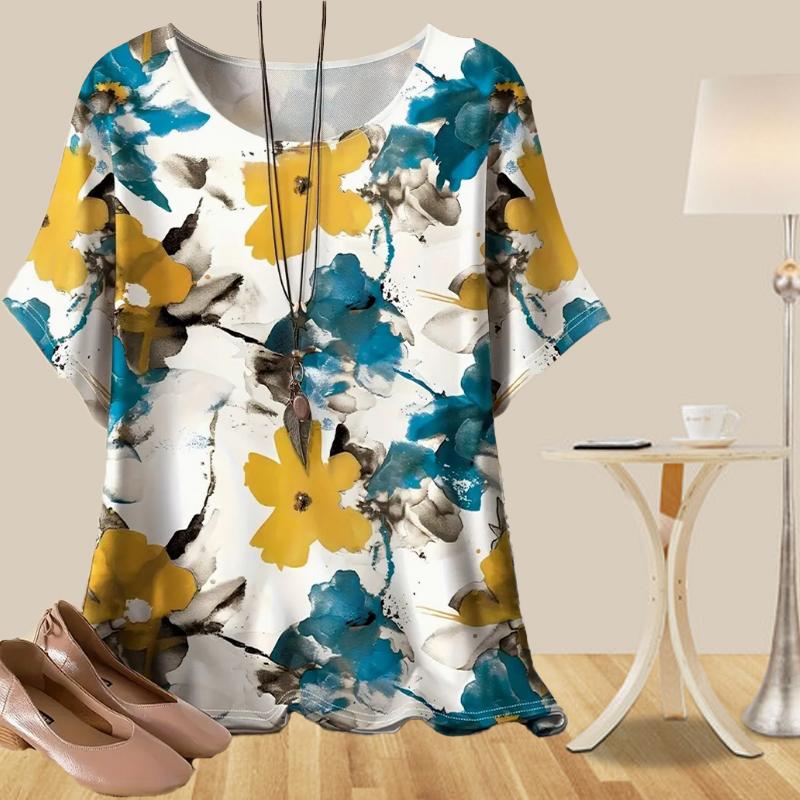 Women's Casual Loose Spring Shirt Women's Short Sleeve Colorful Ink Painting Flowers Printed Tops