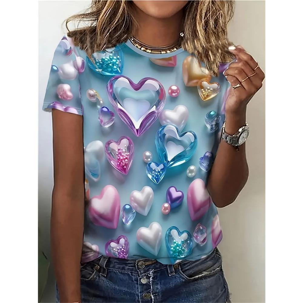 Summer Leopard Heart 3D Print T-Shirts Fashion Women's Round Neck Short Sleeve T Shirt Tees Harajuku Tops Female Clothing