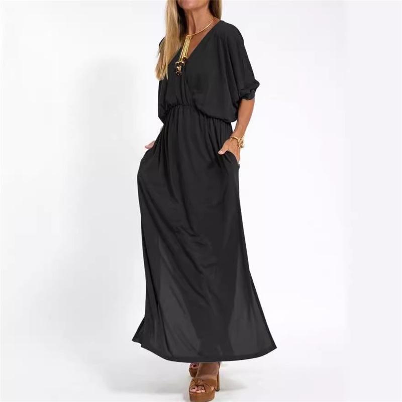 European And American Summer New Products Solid Color High-waist Split V-neck Dress Loose Casual Waist Belt Ice Silk Long Skirt