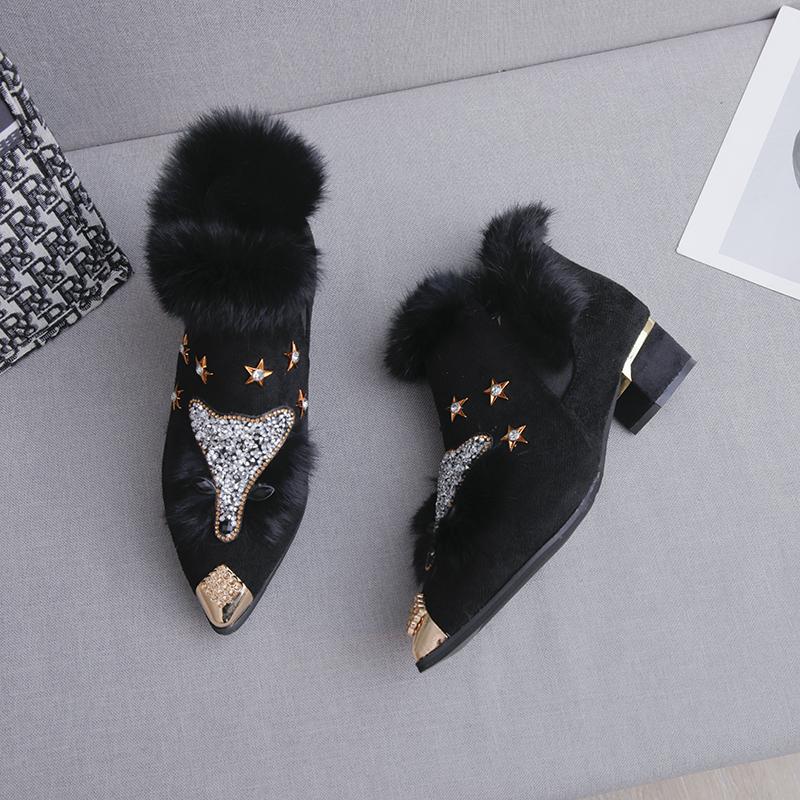 Fashion Winter New Chunky Single Boots Women's Fashion Metal Pointed Suede Sleeve Sequin Non-slip Ankle Boots