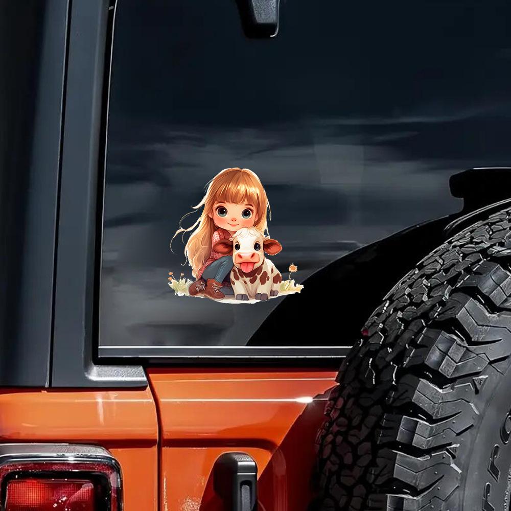 Cartoon Little Girl Cow Glass Car Background Beautification Decoration Stickers