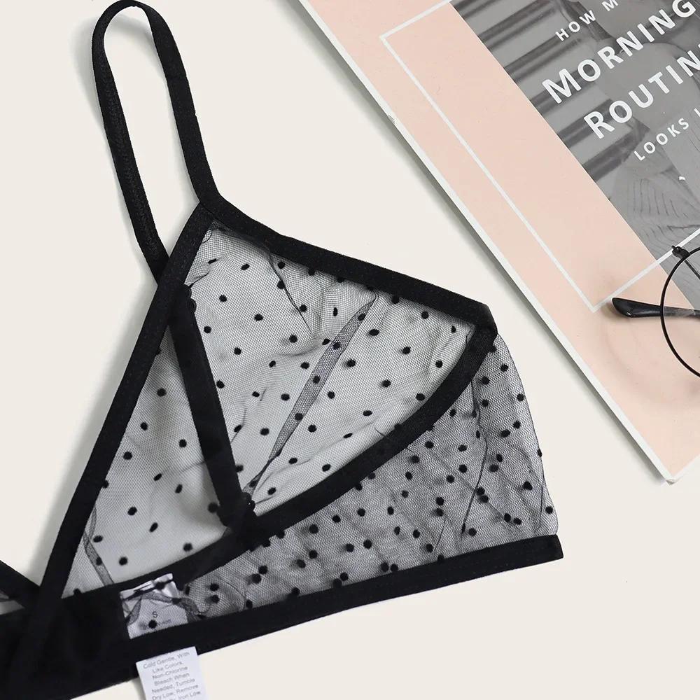 New Three-point Womens Lingerie Set Mesh Sling Sexy Suit High Waist Polka Dot Perspective Underwear Sexy Lingerie Babydoll