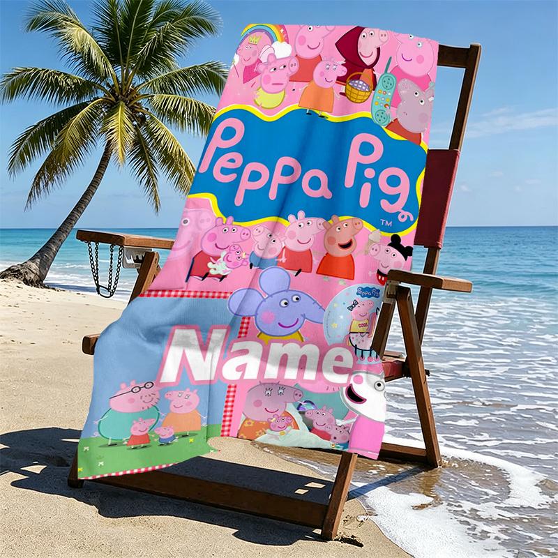 Custom Name Personalized Peppa Pig Print Beach Towel, for Trip Camping Beach Party Home Decor, Birthday Gift for Family & Friends