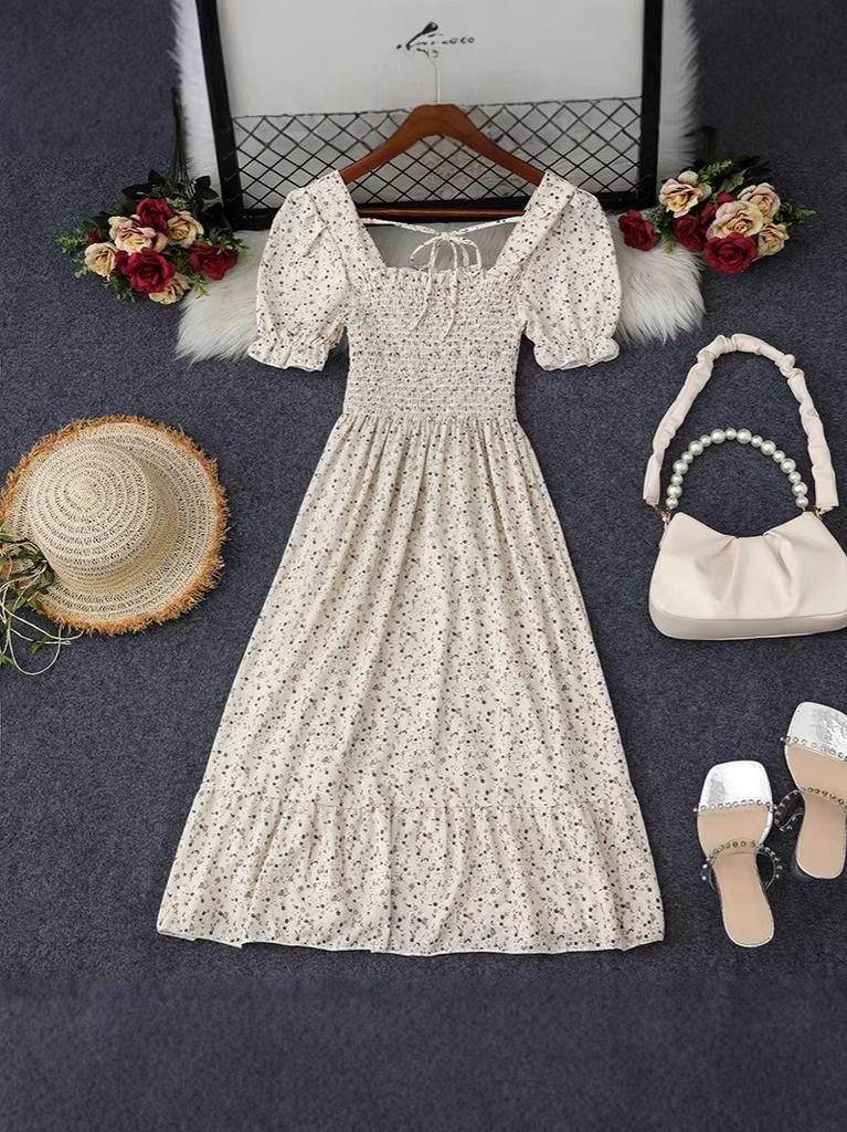 French Vintage High Waist Floral Dress With Tie Belt For Casual And Party Wear