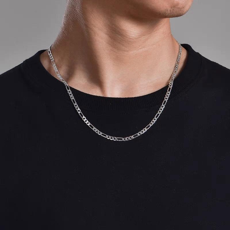 Men's Silver Figaro Chain Necklace Polished Smooth Brims For Comfort Adjustable Lengths 16 18 20 22 24 Inch