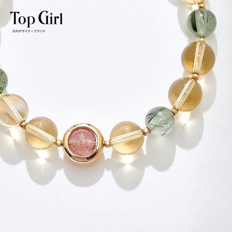 Natural yellow crystal bracelet for women with crystal beads14K Gold-plated green rutilated quartz and strawberry quartz bracelet for women, career
