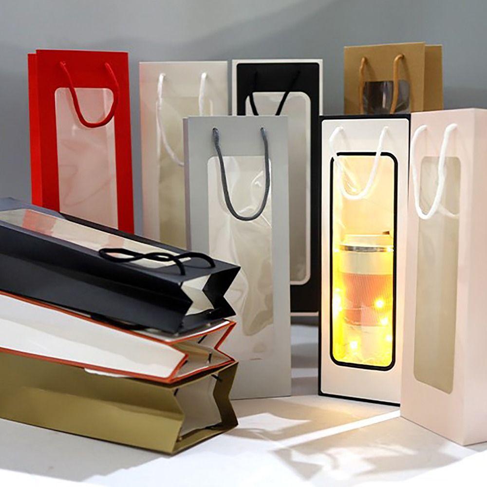 Translucent Kraft Paper Bag with Windows Red Wine Gift Bag Solid Packaging Handbag  Wedding