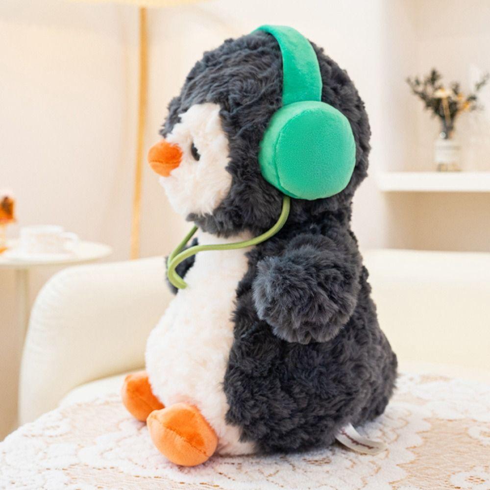 Interactive Penguin Doll Stuffed Animals Fluffy Wearing Headphones Animal Doll  Home Decor