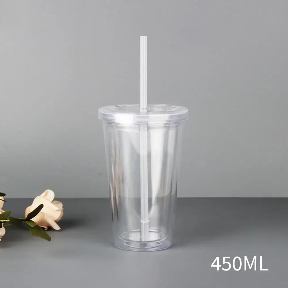 Clear Tumbler with Straw Reusable Transparent Double-layer Water Bottle for Coffee Milk DIY Smoothie Cup Drinkware