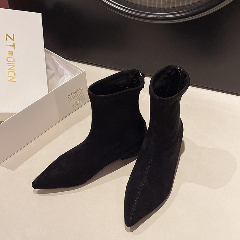 2025 New Inner Heightening Retro Suede Low Heel Short Tube Thin Boots Women Pointed Short Boots Women Martin Boots Internet Celebrities