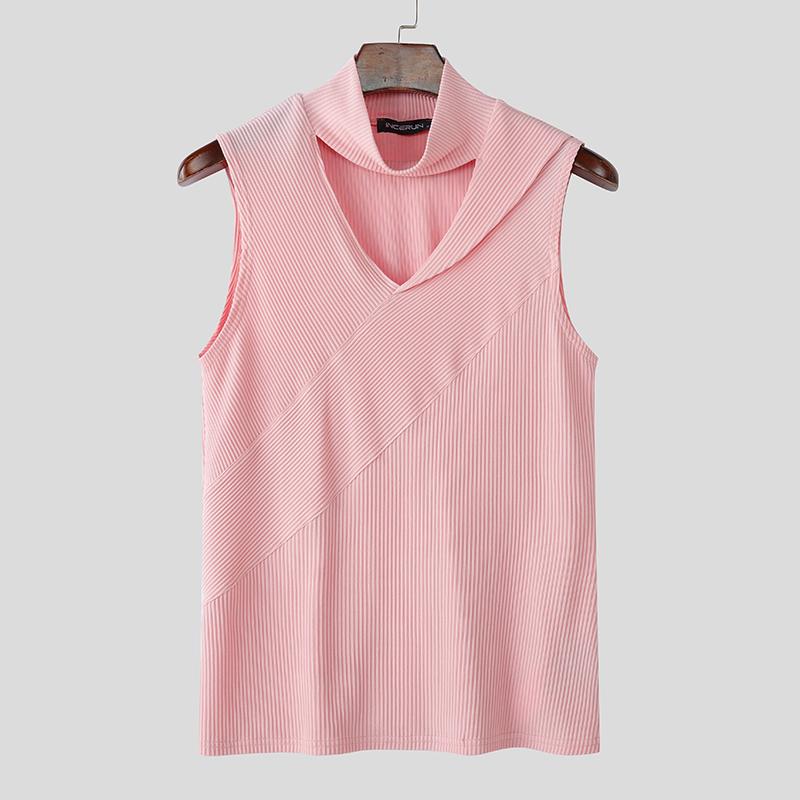 

INCERUN Mens Summer High Neck Cutout Sleeveless Solid Casual Rib Tank Tops 5XL розовый