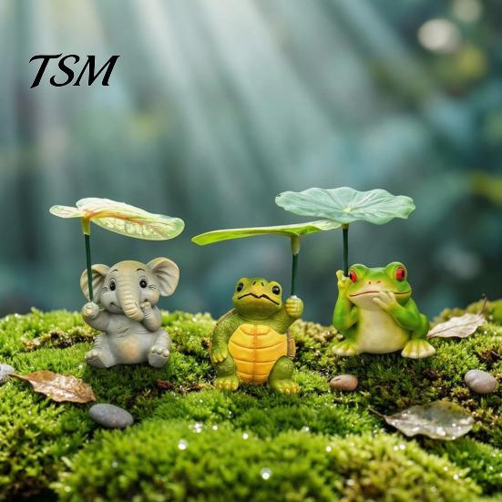 Outdoor Yard Decor 3Pcs/Set Mini Animal Statues, Frog Elephant And Turtle Figurines with Leaf Hand Painted Resin Crafts Umbrella, Miniature