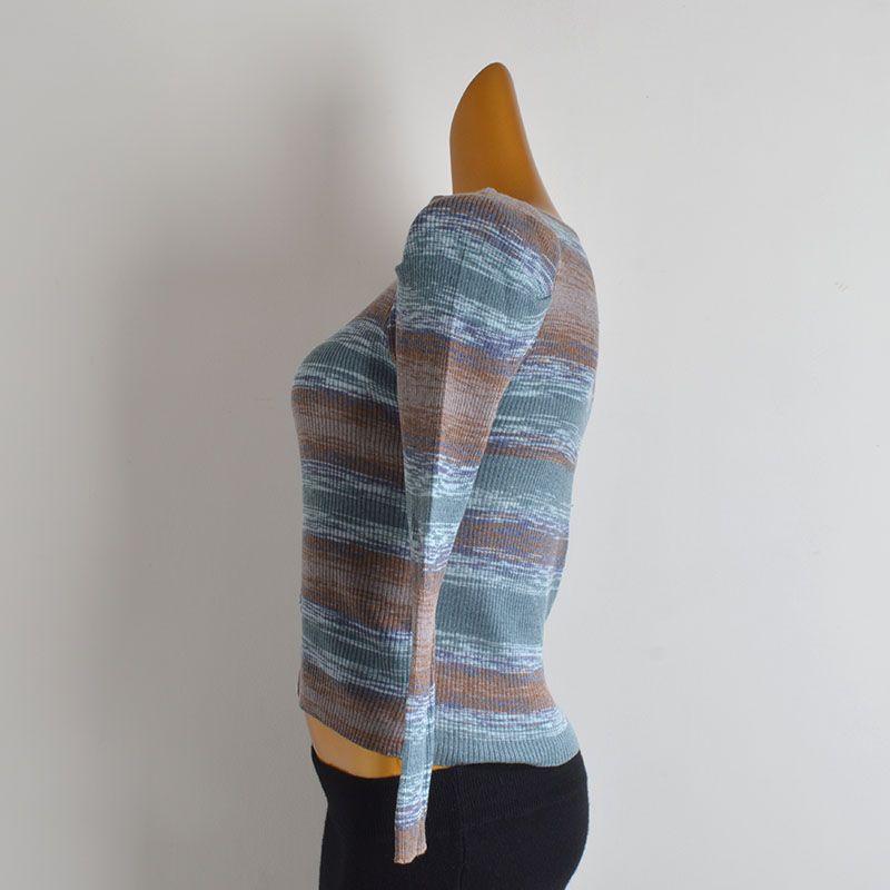 Autumn and Winter New Contrast Color Stripe Square Collar Pullover Knit Women clothes Women clothes Slim fit Slimming Bottoming Shirt Long sleeve Top