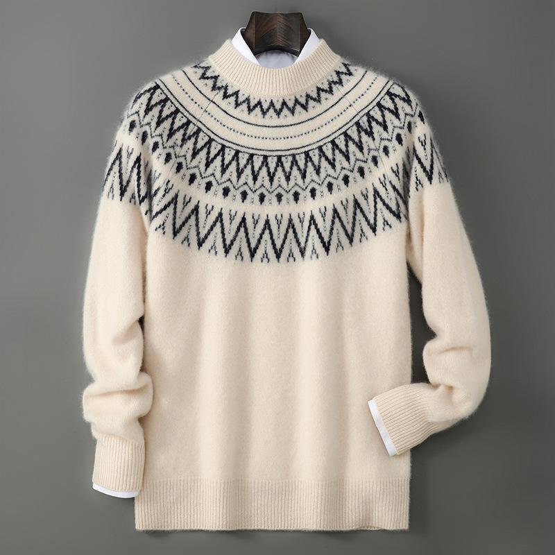 Мужской вязаный свитер Fair Isle из чистой шерсти - Утолщенный полувысокий воротник, Модный жаккардовый узор, Свободный большой размер XXL