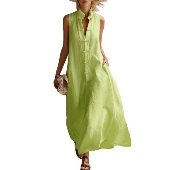 

Women s Summer Sleeveless Button Down Collar Casual Cotton Tank Dress Stand Linen Long Dress Loose A-Line XXL