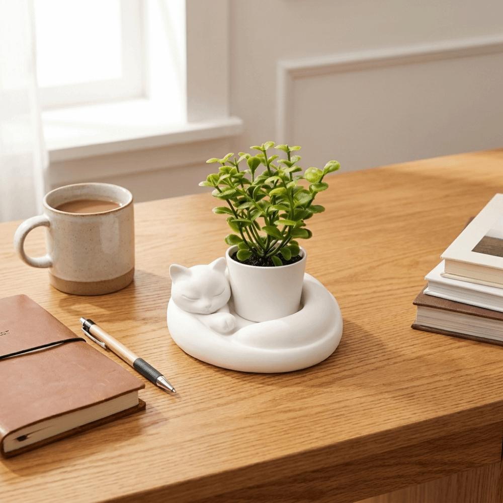 Plastic Cat-Shaped Planter Pot 3D Printed Succulent Pot Cat Desktop Ornament Bookshelf Display