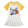 Summer Cartoon Raglan Color Block Short Sleeve Pleated Dress for Girls