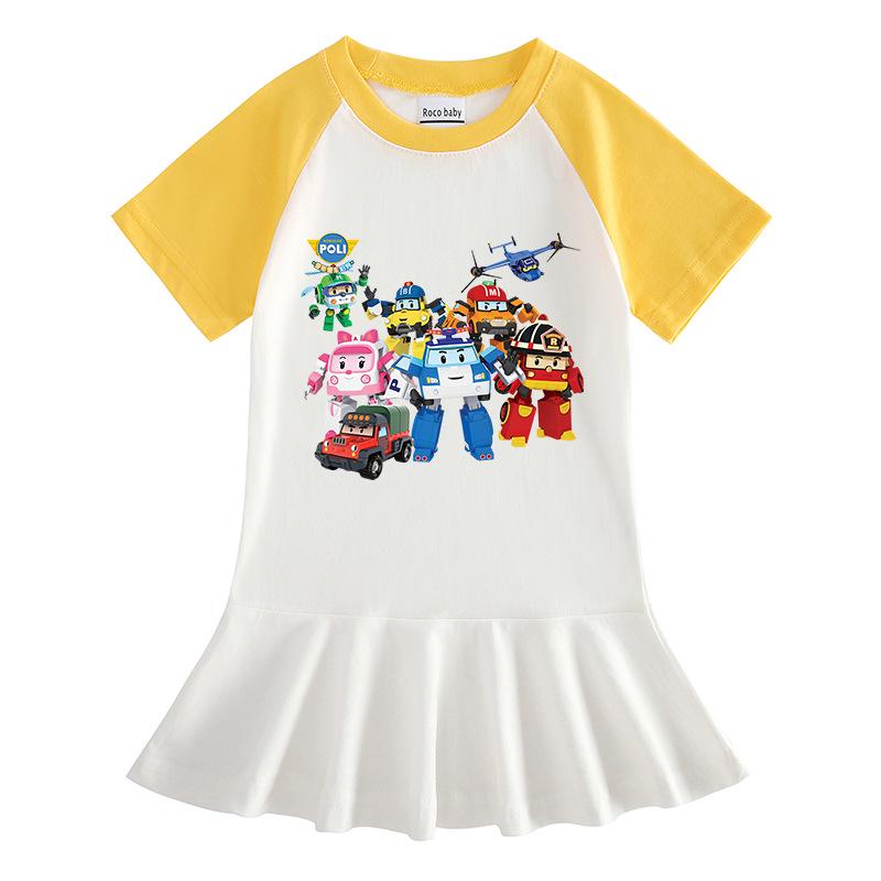 Summer Cartoon Raglan Color Block Short Sleeve Pleated Dress for Girls
