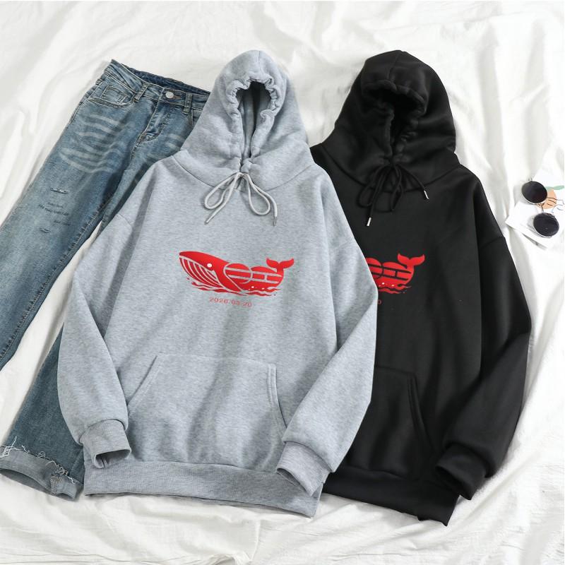 Red Whale Heart Hoodie Unisex Loose Fit Couple Sweatshirt Star Fans Streetwear