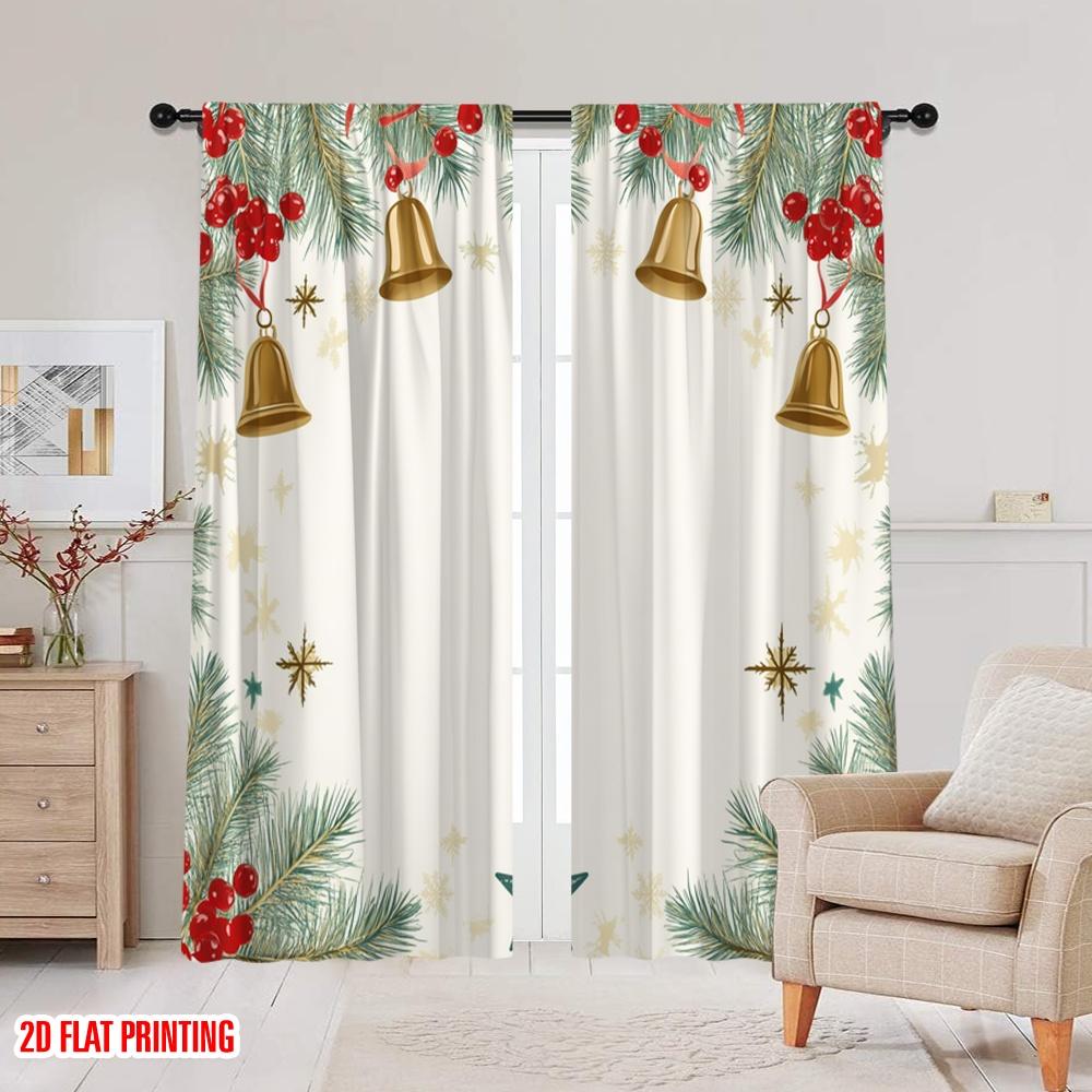2pcs,2D Plane Printing Curtains Digital Printed Christmas Bells Stars Holly (3) Durable 100% Polyester Fabric (without Rod)