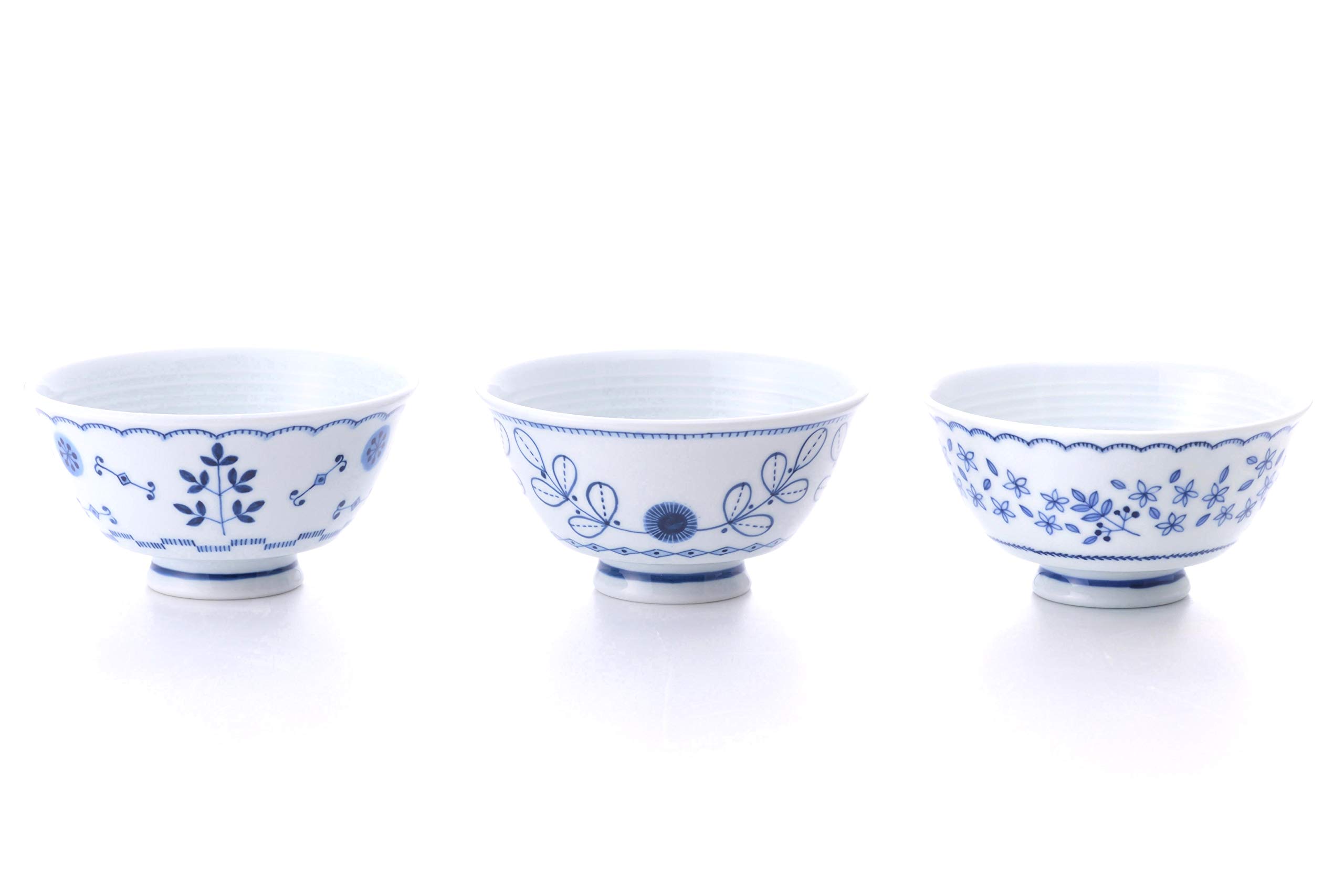 

Nishikai Toki Hasami ware rice bowls set of 3 approximately diameter x high non-stick (botanical, patterns), white/indigo, 12.3cm 6.5cm