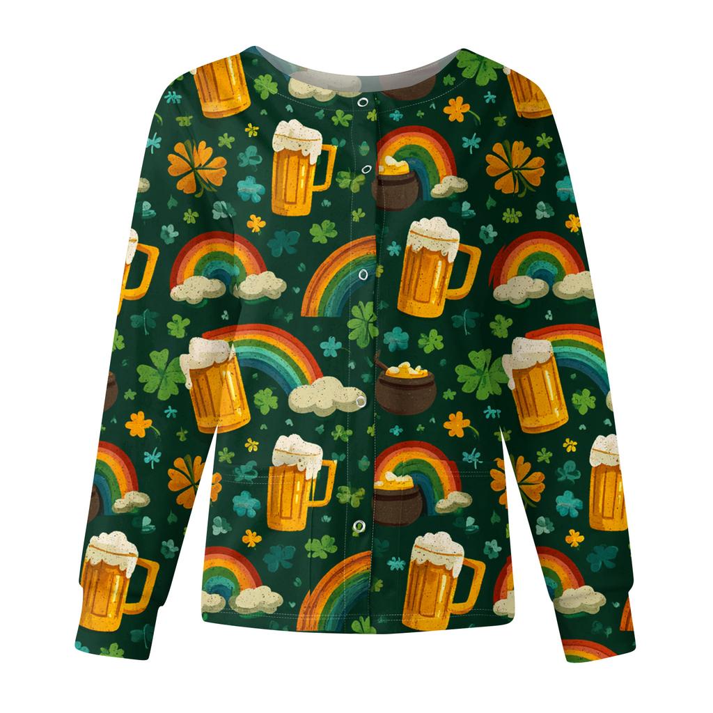 Damen Casual Mode Langarm Stehkragen Einreiher St. Patrick's Day Print Arbeitsjacke Tops