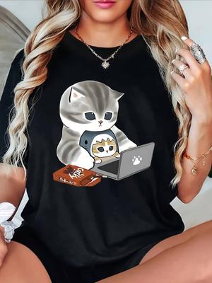 Women's T-Shirt with Adorable Cartoon Cat & Laptop Design Short Sleeve Round Neck Casual Top Cat Tshirt Playful Graphic Tee