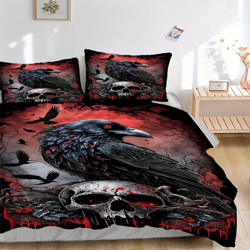 3pcs Crow and Skull Printed Duvet Cover Set (1 * Cover+2 * Pillowcase, Without Core), Suitable for Home Bedroom, Guest Room, Dormitory Decoration