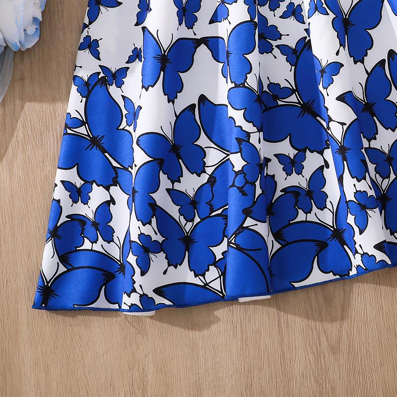 Girls' Dress - Spring/Summer Children's Fashionable Square-neck Butterfly-print Fitted Princess-style Dress