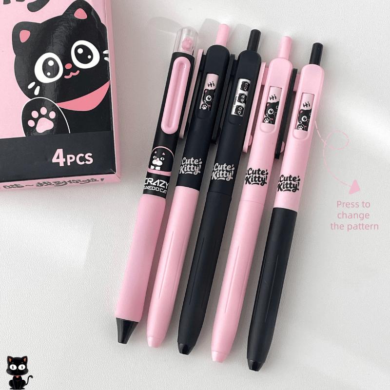 4/5pcs Cute Kitty Gel Pens Set Click-to-Change Pattern Kawaii Cat Gel Ink Pens 0.5mm Tip Black Refill School Supplies