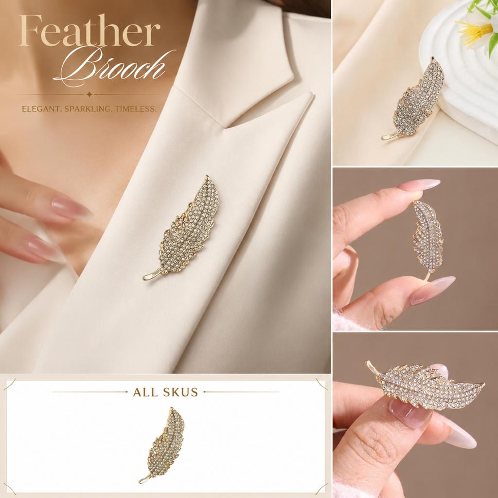 Elegant Feather Brooch with Full Rhinestones Design Luxury Suit Lapel Pin Decorative Safety Pin Anti-Slip Accessory for Jackets and Coats