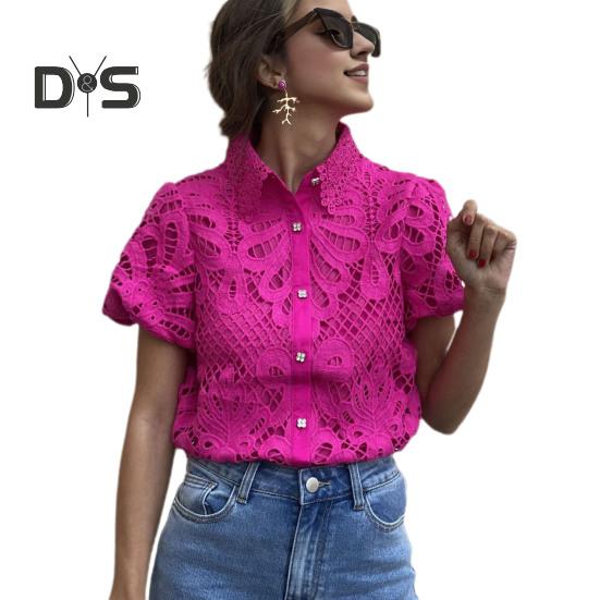 

Женская рубашка с лацканами и буфами с коротким рукавом, приталенная рубашка, топы, однотонная кружевная блузка с застежкой на пуговицы, полые кружевные блузки крючком S