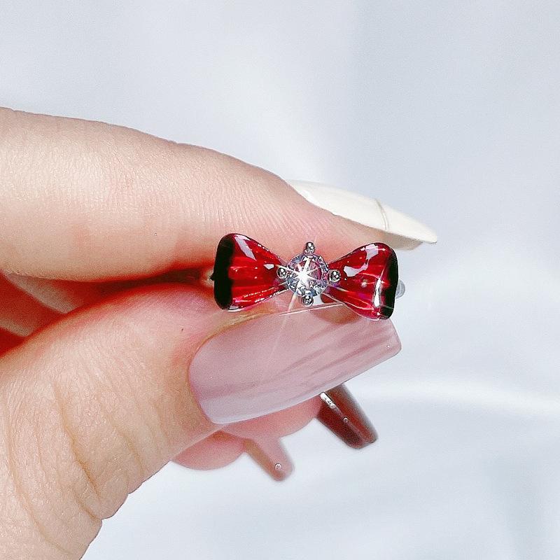 Temperament Niche Exquisite Design Sense Personality Ring Sweet Cool Red Enamel Drip Glaze Butterfly Opening Ring Female