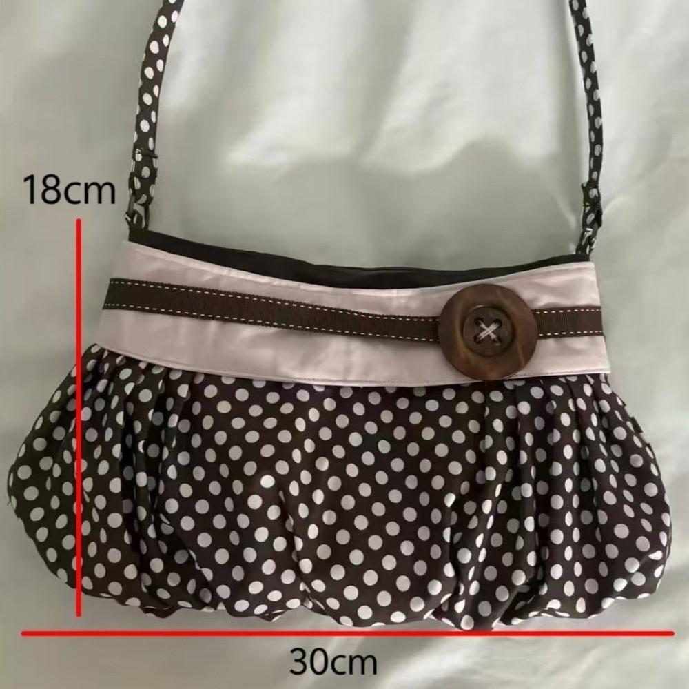 Pleated Design Polka Dot Handbag Wooden Button Decor Polka Dot Korean Handbag Vintage Style Lightweight Large Capacity Tote Bag