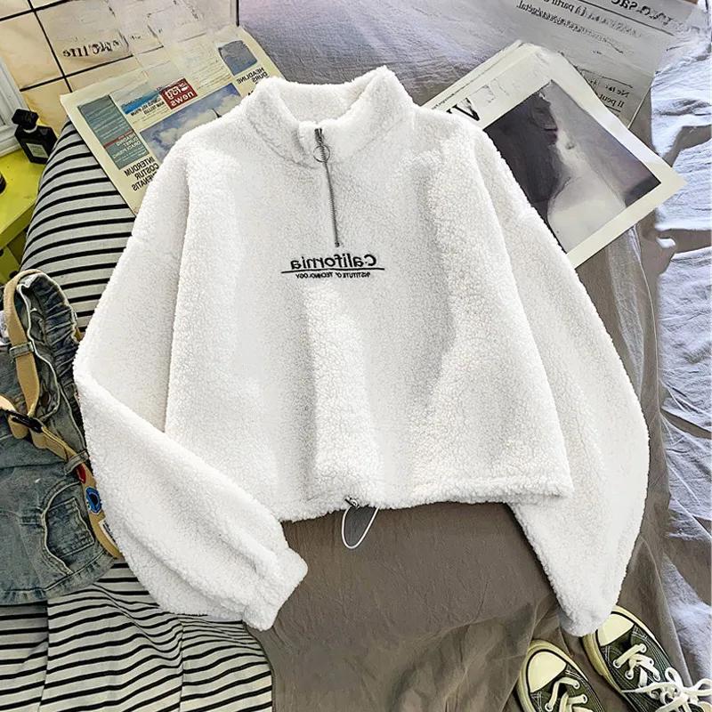 

Женский свитер из овечьего бархата с коротким полувысоким воротником, плюс бархатный толстый свободный осенне-зимний топ-куртка на молнии, тренд S бежевый