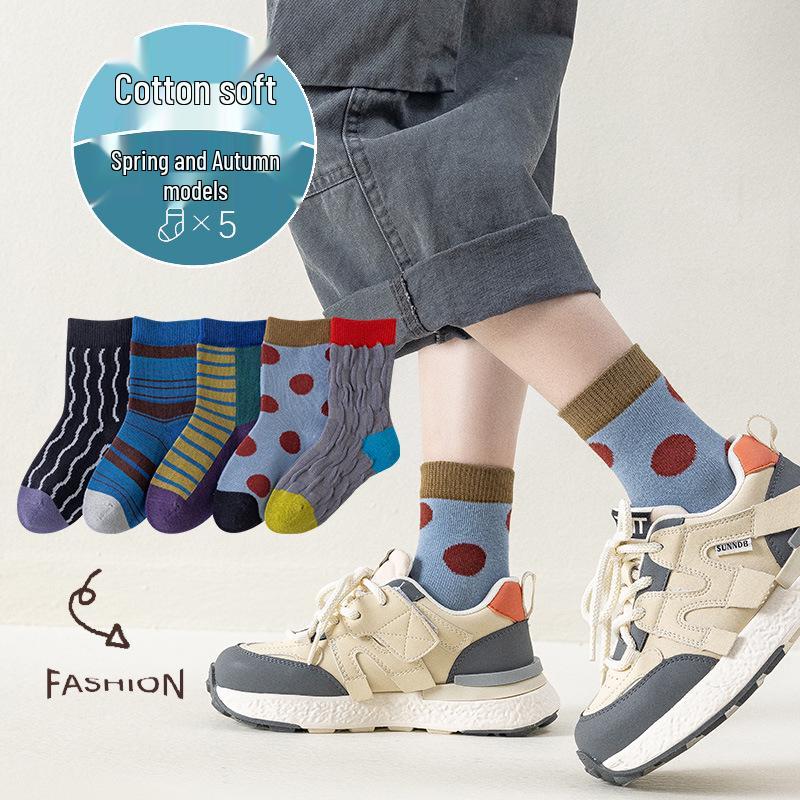 Children's Mid-Calf Socks - Korean Style, Color Block & Polka Dot Designs for Spring & Autumn