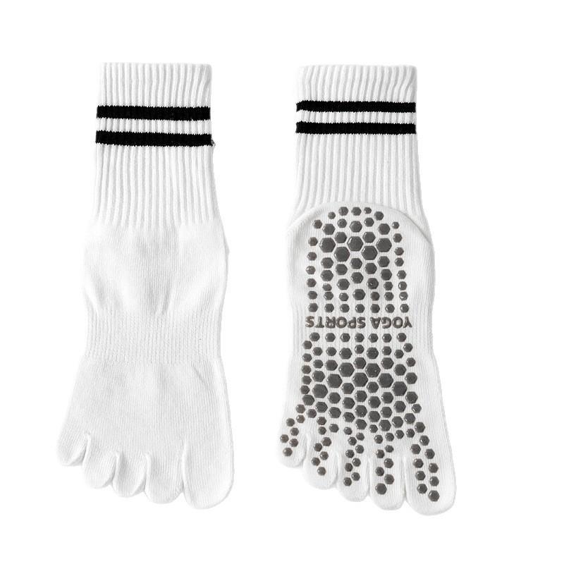 Women Striped Mid Calf Five Toe Yoga Socks Non Slip Silicone Sole Breathable Pilates Socks for Fitness Dance
